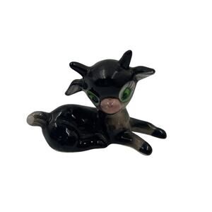 Vtg Porcelain Horned Calf 2.5" Figurine Black W Green Eyes Made Japan Kitsch
